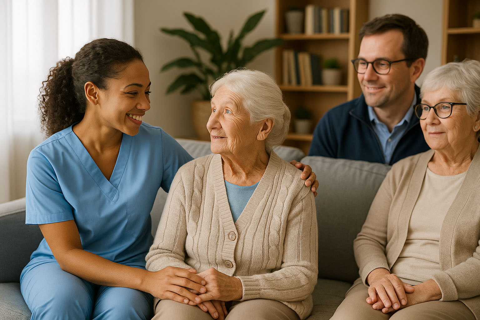 Carer chatting with older person in living room