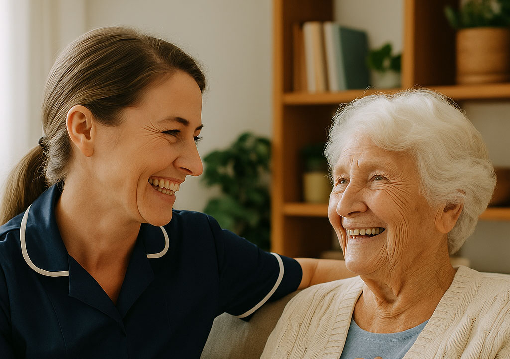 Carer smiling with an older person at home